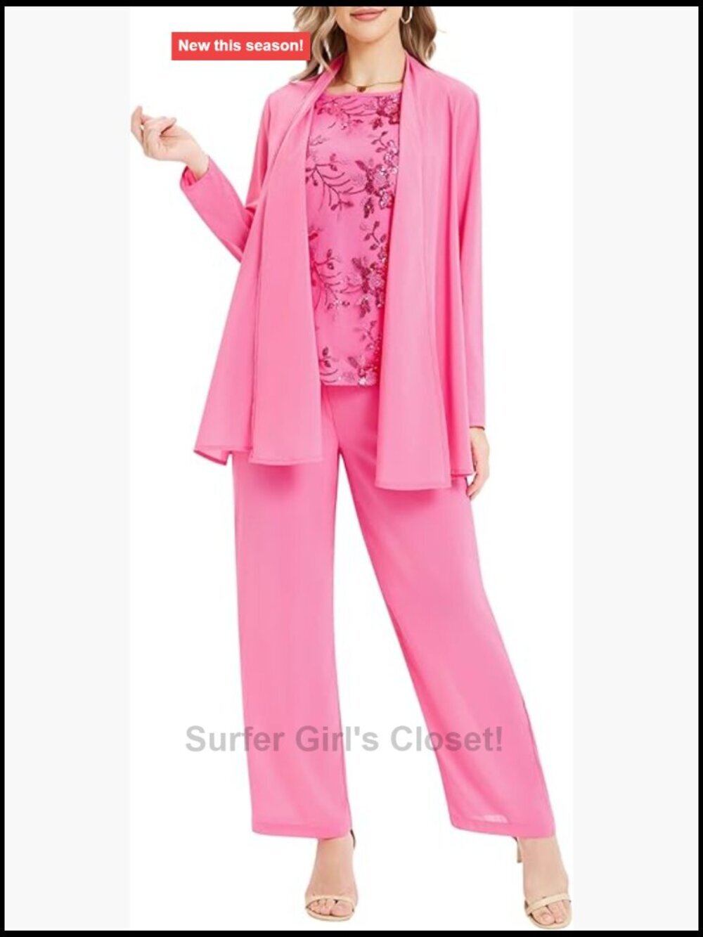 3-Piece Lace Pants Suit Set Sequin Tank Top Shawl Collar Blazer Wedding Formal